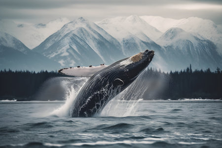 The photo captures a majestic scene with a whale leaping out of the water against the backdrop of the Alaskan mountains. The massive mammal defies gravity, creating a breathtaking moment. This image showcases the beauty of nature and the harmonious coexistence of marine life and awe-inspiring landscapes.の素材