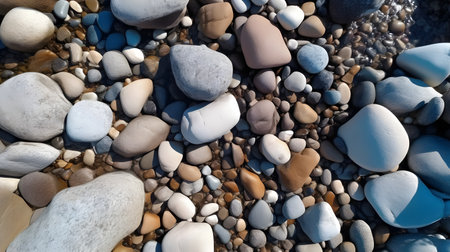 The photo showcases stones scattered along the shoreline, reflecting the rugged beauty of the beach. The smooth and weathered rocks create an intriguing contrast against the sand and crashing waves. This image captures the essence of coastal landscapes, inviting viewers to appreciate the natural elements of the seashore.の素材