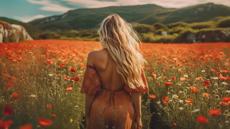 The photo showcases a girl standing amidst a field of vibrant poppies. The girl's presence provides a striking contrast against the sea of red and green. Her gaze is captivated by the beauty of the blooming flowers. This image embodies a sense of wonder, tranquility, and a deep appreciation for the simple joys found in nature's colorful embrace.の素材