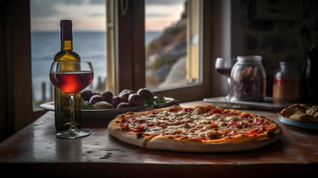 The photo features a classic Italian pizza, adorned with delicious toppings and a perfectly baked crust. The vibrant colors and enticing aroma make it irresistibly appetizing. This image captures the essence of authentic Italian cuisine, inviting viewers to indulge in the flavors of melted cheese, savory sauce, and the delightful combination of toppings that make pizza a beloved dish worldwide.の素材