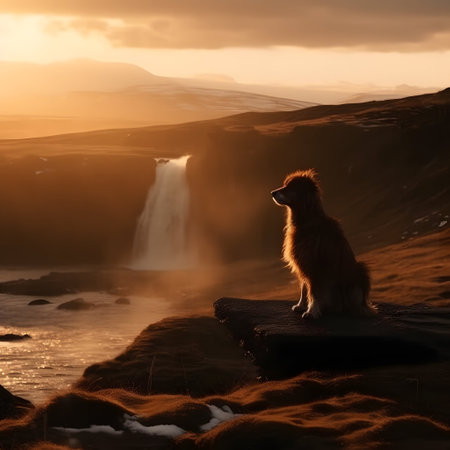The photo captures a shepherd dog sitting on a rock, exuding strength and alertness. The dog's majestic posture and keen gaze reflect its loyal and protective nature. The rugged landscape forms a dramatic backdrop, emphasizing the dog's connection with nature. This image invites viewers to admire the beauty and resilience of the shepherd dog, symbolizing companionship and the bond between humans and animals. It portrays a moment of tranquility and harmony, highlighting the dog's role as a faithful guardian and a cherished member of the family.の素材