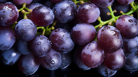 Bunch of fresh black grapes with water drops on black background.の素材