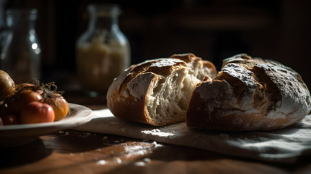 The photo features a fresh homemade bread, with a golden crust and a soft, fluffy interior. The aroma of freshly baked bread fills the air. This image captures the essence of homemade goodness, inviting viewers to savor the simple pleasure of freshly baked bread, perfect for a comforting and delicious meal.の素材