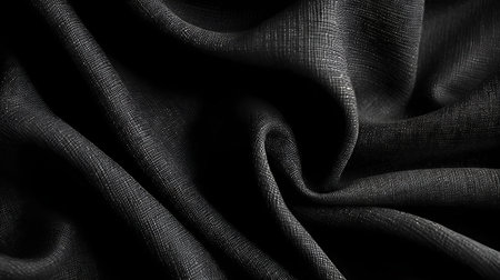 The photo showcases the intricate texture of crumpled black satin. The fabric's surface is adorned with delicate folds and wrinkles, creating a captivating play of light and shadow. The deep black color adds an air of elegance and sophistication to the composition. This image captures the allure and tactile beauty of the crumpled satin texture, inviting viewers to appreciate its tactile richness.の素材
