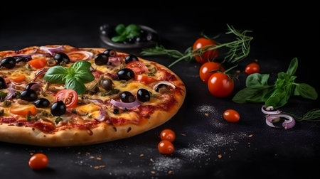 The photo features a classic Italian pizza, adorned with delicious toppings and a perfectly baked crust. The vibrant colors and enticing aroma make it irresistibly appetizing. This image captures the essence of authentic Italian cuisine, inviting viewers to indulge in the flavors of melted cheese, savory sauce, and the delightful combination of toppings that make pizza a beloved dish worldwide.の素材