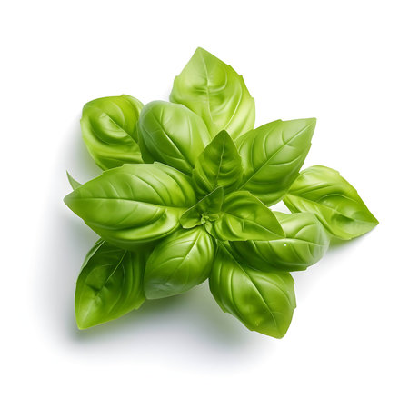 The photo presents a close-up view of fresh basil leaves against a pristine white background. The vibrant green leaves stand out prominently, showcasing their rich color and distinct shape. The fragrant aroma of basil fills the air, evoking a sense of freshness and culinary delight. This image captures the essence of this versatile herb, inviting viewers to appreciate its beauty and imagine the delicious dishes it can enhance.の素材