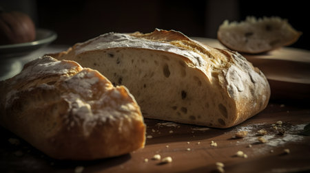 The photo features a fresh homemade bread, with a golden crust and a soft, fluffy interior. The aroma of freshly baked bread fills the air. This image captures the essence of homemade goodness, inviting viewers to savor the simple pleasure of freshly baked bread, perfect for a comforting and delicious meal.の素材