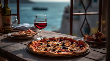 The photo features a classic Italian pizza, adorned with delicious toppings and a perfectly baked crust. The vibrant colors and enticing aroma make it irresistibly appetizing. This image captures the essence of authentic Italian cuisine, inviting viewers to indulge in the flavors of melted cheese, savory sauce, and the delightful combination of toppings that make pizza a beloved dish worldwide.の素材