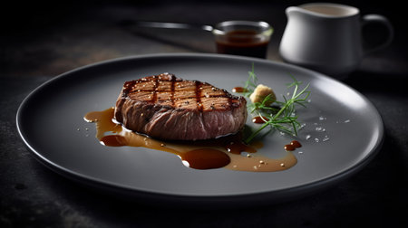 Grilled beef steak with sauce on a black plate on a dark backgroundの素材