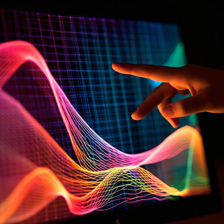 The image features a hand pointing at a vibrant screen displaying colorful graphs and charts. The fingers gracefully guide the viewer's attention to the intricate details of the data visualizations. The vibrant hues and intricate lines on the graphs depict the dynamic nature of the information being presented. The hand gesture symbolizes guidance and engagement, inviting the observer to explore and analyze the wealth of information at their fingertips. The juxtaposition of the human hand and the digital interface showcases the harmonious fusion of technology and human interaction in the realm of data analysis and decision-making.の素材