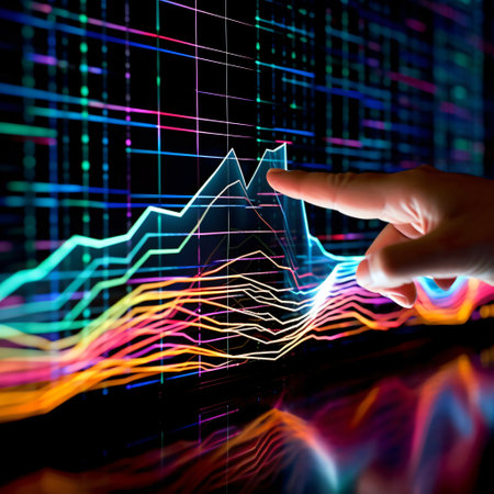 The image features a hand pointing at a vibrant screen displaying colorful graphs and charts. The fingers gracefully guide the viewer's attention to the intricate details of the data visualizations. The vibrant hues and intricate lines on the graphs depict the dynamic nature of the information being presented. The hand gesture symbolizes guidance and engagement, inviting the observer to explore and analyze the wealth of information at their fingertips. The juxtaposition of the human hand and the digital interface showcases the harmonious fusion of technology and human interaction in the realm of data analysis and decision-making.の素材
