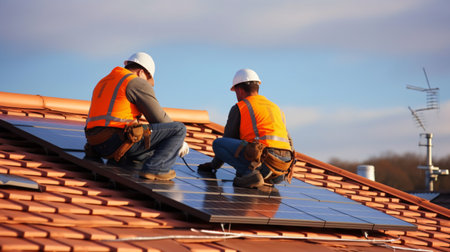 In this captivating photograph, we witness a team of skilled workers clad in vibrant orange vests diligently installing solar panels on a rooftop. Against the backdrop of a clear blue sky, their determined expressions and synchronized movements showcase their expertise and commitment to harnessing clean energy. The glistening solar panels, reflecting the sun's rays, symbolize a sustainable future and the collective effort towards a greener world. The vibrant orange vests serve as a visual reminder of their profession, representing their dedication to renewable energy. This image encapsulates the fusion of technology, craftsmanship, and environmental consciousness in the quest for a brighter and more sustainable tomorrowの素材