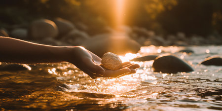 In this captivating image, a hand delicately holds a smooth stone suspended over a flowing river. The hand's grasp is gentle yet firm, as if embracing the weight and significance of the stone. The stone, polished by the water's touch, symbolizes strength, resilience, and the passage of time. The flowing river below represents the ever-changing nature of life, constantly moving forward. Together, the hand and the stone create a powerful juxtaposition, capturing a moment of contemplation, balance, and connection to nature. This image conveys a sense of harmony, introspection, and the beauty found in simple, natural elements.の素材