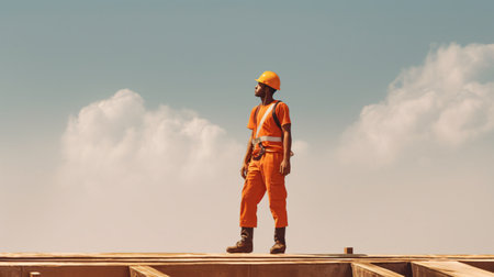 The image portrays a hardworking laborer, dressed in a vibrant orange vest, standing atop a rooftop. The mason's rugged hands and sturdy boots showcase his dedication and expertise in his craft. With a determined expression, he overlooks the sprawling cityscape below, a testament to his contribution to its construction. The orange vest serves as a symbol of safety and visibility, emphasizing the importance of its role in ensuring the structural integrity of the buildings. Against the backdrop of the sky and city, this image captures the industrious spirit and skilled craftsmanship of the working class.の素材