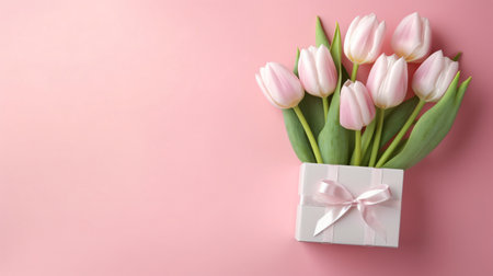 In this delightful photograph, we see a captivating composition of joy and beauty. Against a vibrant pink backdrop, a beautifully wrapped gift box takes center stage, adorned with a charming bow. Beside it, a stunning bouquet of tulips in various shades of pink adds a touch of elegance. The combination of the gift box and the tulips creates a visually striking contrast. The image captures the essence of celebration and affection, symbolizing love and appreciation. It serves as a perfect representation of a thoughtful gesture, expressing heartfelt sentiments on a special occasion. The vibrant colors and graceful elements make this photograph a visual treat, evoking a sense of joy and delight. In this delightful photograph, we see a captivating composition of joy and beauty. Against a vibrant pink backdrop, a beautifully wrapped gift box takes center stage, adorned with a charming bow. Beside it, a stunning bouquet of tulips in various shades of pink adds a touch of elegance. The combination of the gift box andの素材
