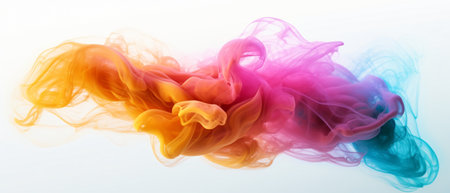 In this mesmerizing image, vibrant streams of colored smoke dance gracefully against a pristine white backdrop. The ethereal plumes twist and intertwine, forming an enchanting display of hues that range from deep purples to vivid blues and fiery oranges. The billowing smoke creates a captivating visual spectacle, evoking a sense of mystery and intrigue. As the colors blend and dissipate, they leave behind a sense of fleeting beauty and ephemeral artistry. This photograph captures the ephemeral nature of the moment, inviting viewers to immerse themselves in the vibrant world of color and imagination. It is a stunning representation of the ephemeral and captivating power of art in its most evocative form.の素材