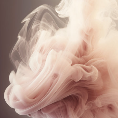 In this captivating image, a gentle veil of powder-colored smoke delicately floats against a pristine white backdrop. The ethereal wisps of pale hues create a soft and dreamlike atmosphere, evoking a sense of tranquility and serenity. The pastel tones of the smoke gracefully intertwine, forming intricate patterns and diffusing the light with an enchanting glow. As the powdery tendrils dance in the air, they create a sense of mystery and evoke a whimsical feeling. This photograph captures the delicate beauty of muted tones, offering a serene and ethereal visual experience. It invites viewers to immerse themselves in the ephemeral and mesmerizing world of soft, powder-colored smoke.の素材