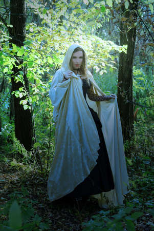 Medieval girl in a black dress and goldy blue cloak. Or Enchantress at the Woodland at the day before . Medieval girl in a black dress and goldy blue cloak. Or Enchantress at the Woodland at the day before .