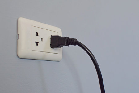 AC Male power cable plug into the Female connector on the wall. electrical equipment connection.