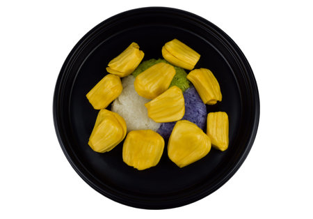 Sticky rice and jack fruit on Black plate with clipping. Asian, Thailand. Food and dessert in...