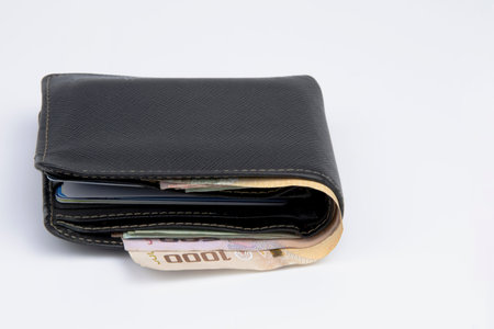 Wallet, Credit card and money on white background