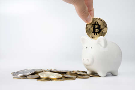 Bitcoin gold coin and piggy bank on white background. concept saving bitcoin for the future.の写真素材