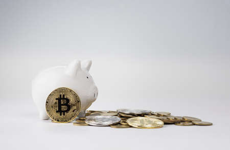 Bitcoin gold coin and piggy bank on white background. concept saving bitcoin for the future.の写真素材