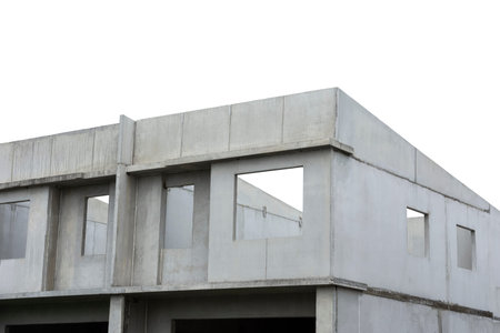 Precast concrete walls on building structures. Precast concrete manufactory product for construction industrial. Concrete wall panel. Building construction.の写真素材