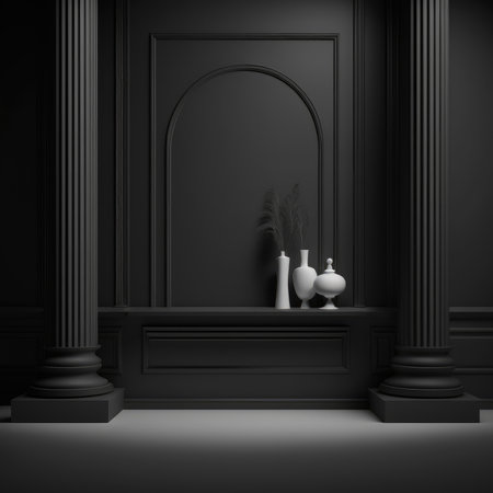 Black podium color 3D background with geometric shapes for product presentation minimal style, stage, Generative AI.の素材