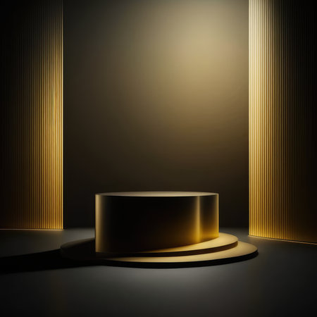 Gold podium color 3D background with geometric shapes for product presentation minimal style, stage. Generative AI.の素材