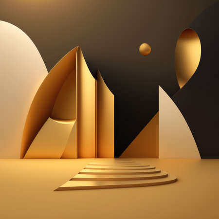 Gold podium color 3D background with geometric shapes for product presentation minimal style, stage. Generative AI.の素材