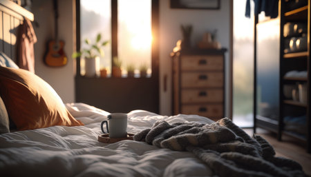 Modern bedroom interior background, created with Generative AI.の素材