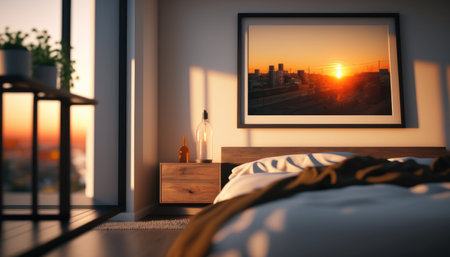 Modern bedroom interior background, created with Generative AI.の素材