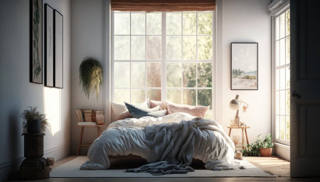 Modern bedroom interior background, created with Generative AI.の素材