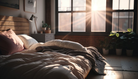 Modern bedroom interior background, created with Generative AI.の素材