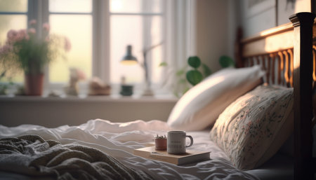 Modern bedroom interior background, created with Generative AI.の素材