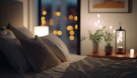 Modern bedroom interior background, created with Generative AI.の素材