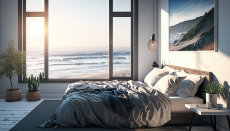 Modern bedroom interior background, created with Generative AI.の素材