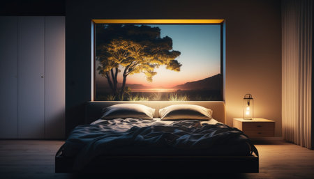 Modern bedroom interior background, created with Generative AI.の素材
