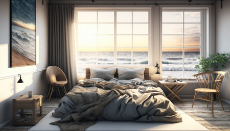 Modern bedroom interior background, created with Generative AI.の素材