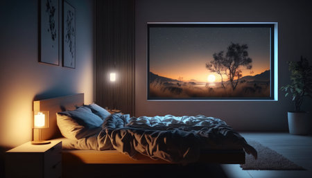 Modern bedroom interior background, created with Generative AI.の素材