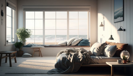 Modern bedroom interior background, created with Generative AI.の素材