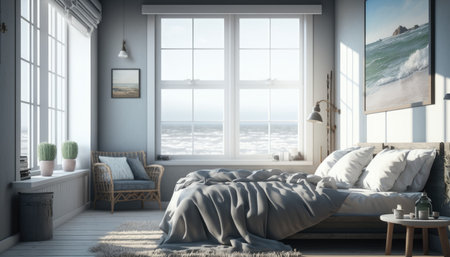 Modern bedroom interior background, created with Generative AI.の素材