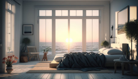 Modern bedroom interior background, created with Generative AI.の素材