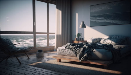 Modern bedroom interior background, created with Generative AI.の素材