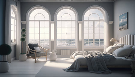 Modern bedroom interior background, created with Generative AI.の素材