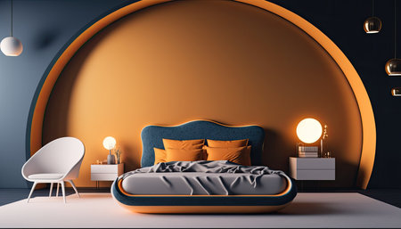 Minimalist bedroom interior, luxury, hotel, bedding. Created with Generative AI.の素材