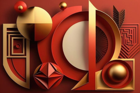 Chinese New Year Greeting Card, red and golden theme product display background. Generative AI.の素材