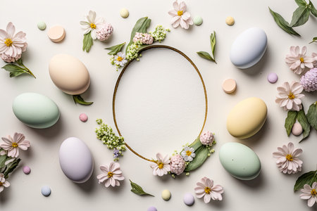 Happy Easter concept with easter eggs, colorful Easter eggs background. Generative AI.の素材