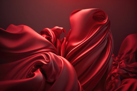 Red silk satin background. Abstract background luxury cloth or liquid wave or wavy folds. Generative AI.の素材